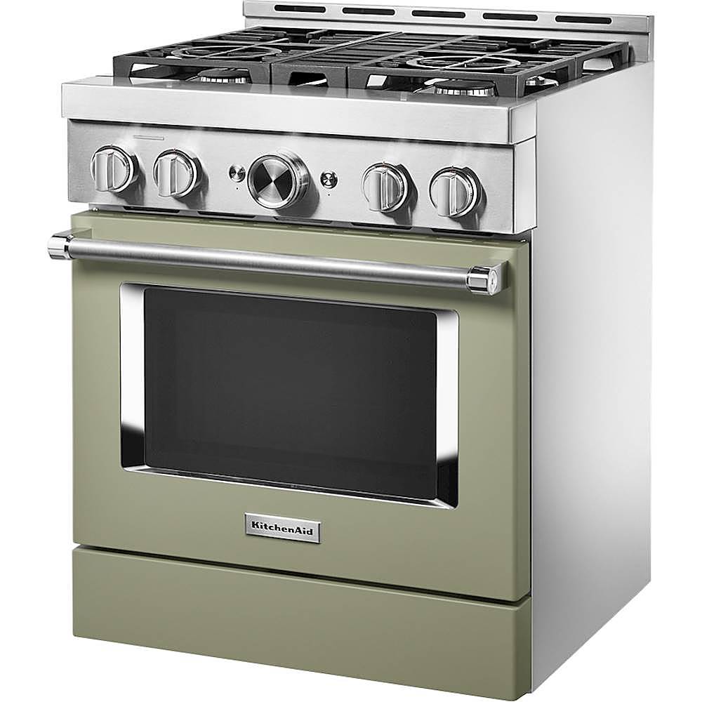 Left. KitchenAid - Commercial-Style 4.1 Cu. Ft. Slide-In Gas True Convection Range with Self-Cleaning - Avocado Cream.