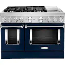 KitchenAid - 6.3 Cu. Ft. Freestanding Double Oven Dual Fuel True Convection Range with Self-Cleaning - Ink Blue