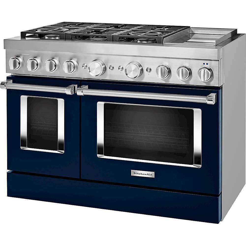 Left. KitchenAid - Commercial-Style 6.3 Cu. Ft. Freestanding Double Oven Dual-Fuel True Convection Range with Self-Cleaning - Ink Blue.