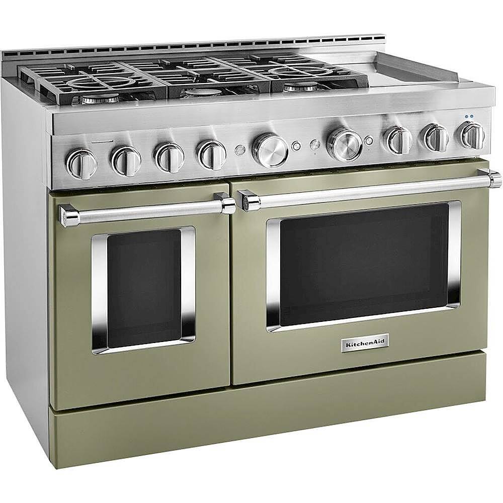 Angle. KitchenAid - 6.3 Cu. Ft. Freestanding Double Oven Gas True Convection Range with Self-Cleaning - Avocado Cream.