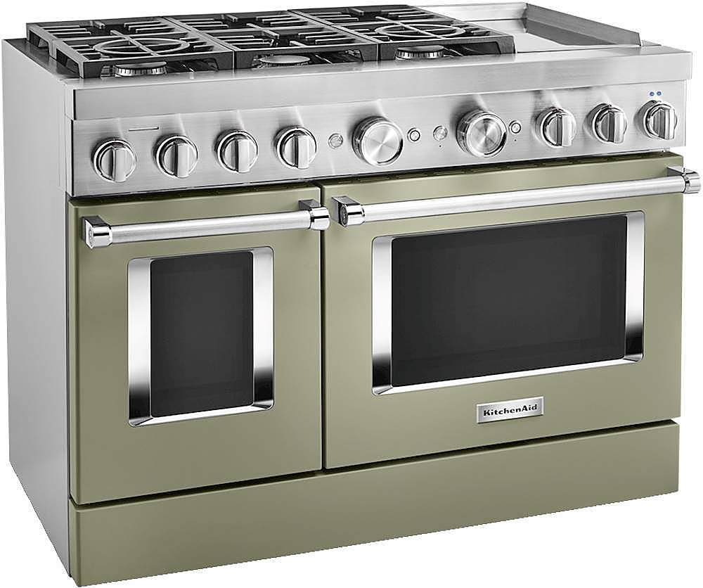Angle. KitchenAid - Commercial-Style 6.3 Cu. Ft. Freestanding Double Oven Dual-Fuel True Convection Range with Self-Cleaning - Avocado Cream.
