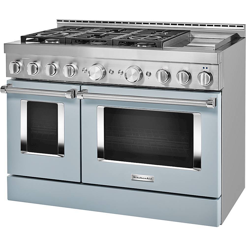 Left. KitchenAid - 6.3 Cu. Ft. Freestanding Double Oven Gas True Convection Range with Self-Cleaning and Griddle - Misty Blue.