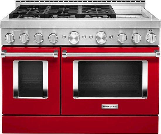 Front. KitchenAid - 6.3 Cu. Ft. Freestanding Double Oven Gas True Convection Range with Self-Cleaning and Griddle - Passion Red.