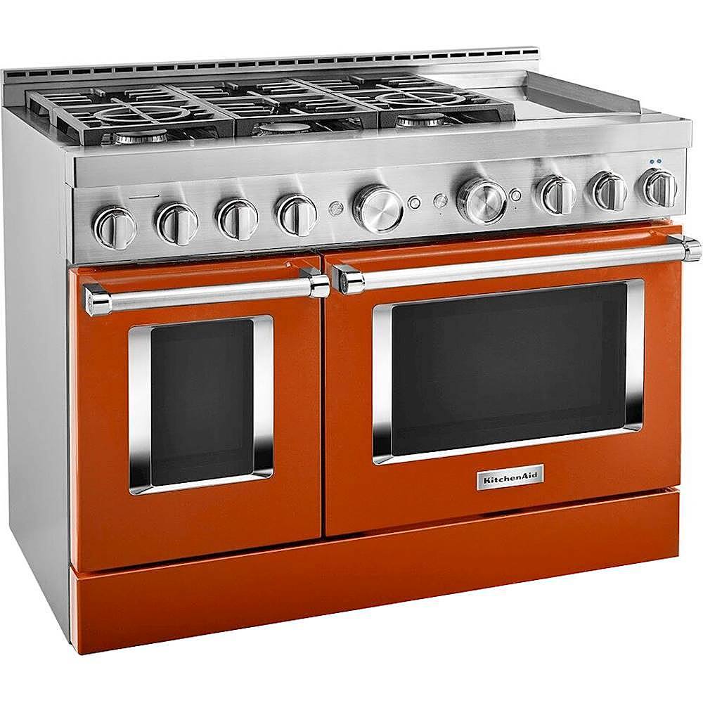 Angle. KitchenAid - 6.3 Cu. Ft. Freestanding Double Oven Gas True Convection Range with Self-Cleaning and Griddle - Scorched Orange.