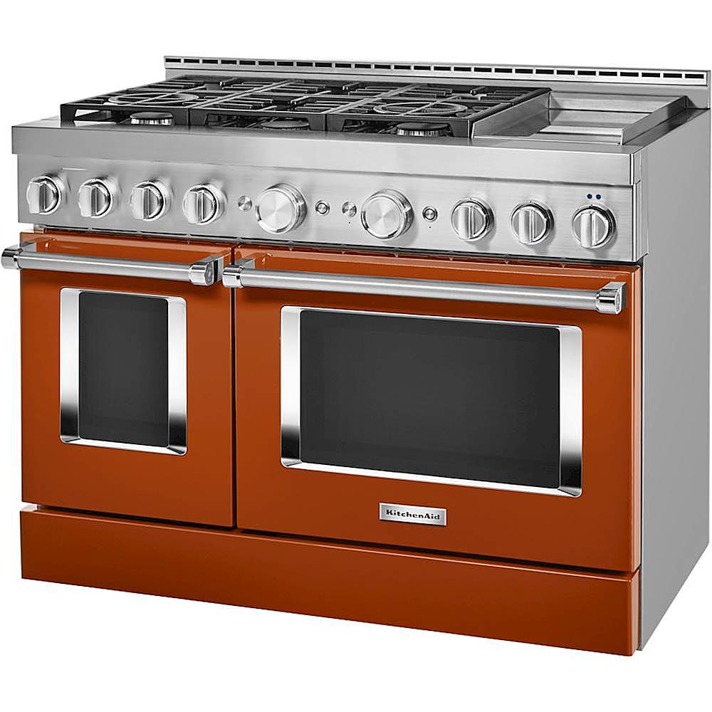 Left. KitchenAid - 6.3 Cu. Ft. Freestanding Double Oven Gas True Convection Range with Self-Cleaning and Griddle - Scorched Orange.