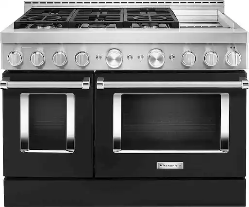 Front. KitchenAid - 6.3 Cu. Ft. Freestanding Double Oven Gas True Convection Range with Self-Cleaning and Griddle - Imperial Black.
