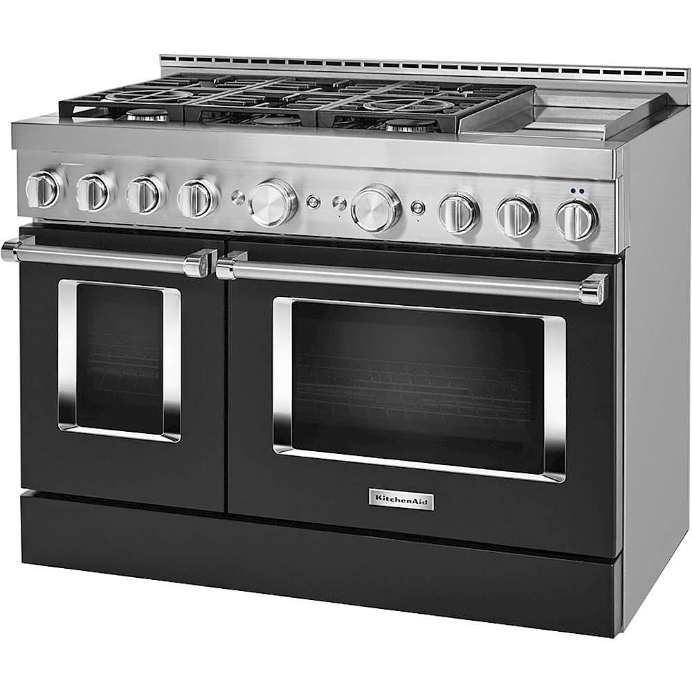 Left. KitchenAid - 6.3 Cu. Ft. Freestanding Double Oven Gas True Convection Range with Self-Cleaning and Griddle - Imperial Black.