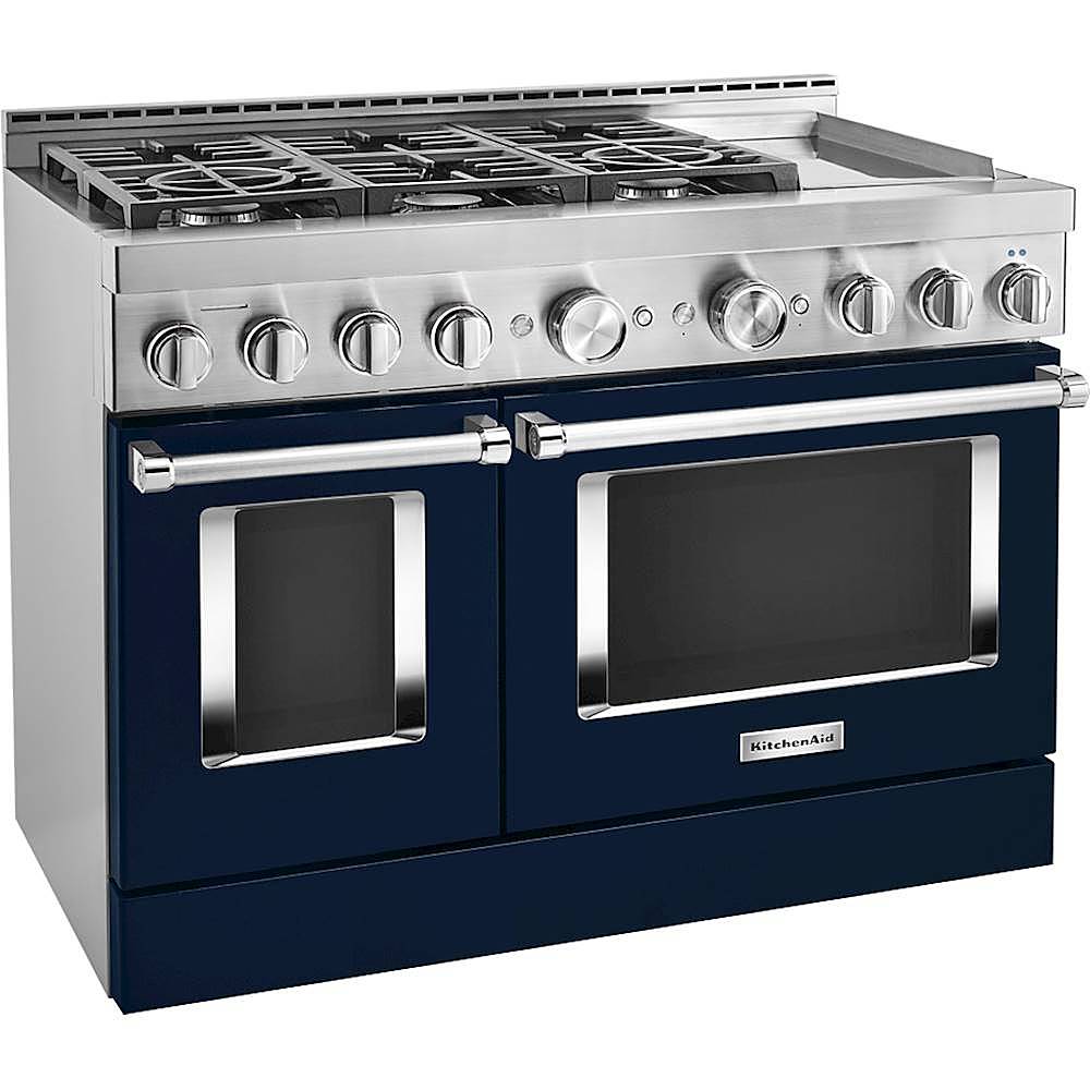 Angle. KitchenAid - 6.3 Cu. Ft. Freestanding Double Oven Gas True Convection Range with Self-Cleaning and Griddle - Ink Blue.
