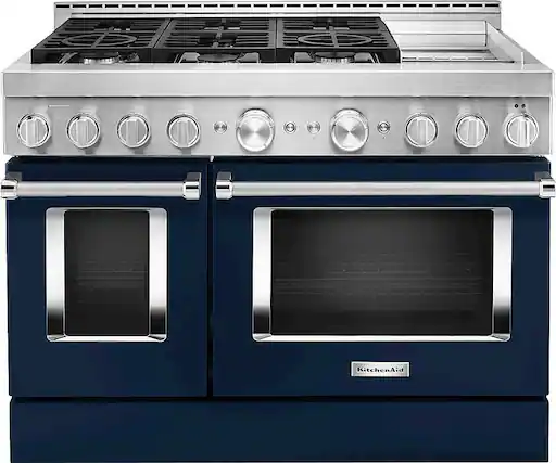 Front. KitchenAid - 6.3 Cu. Ft. Freestanding Double Oven Gas True Convection Range with Self-Cleaning and Griddle - Ink Blue.