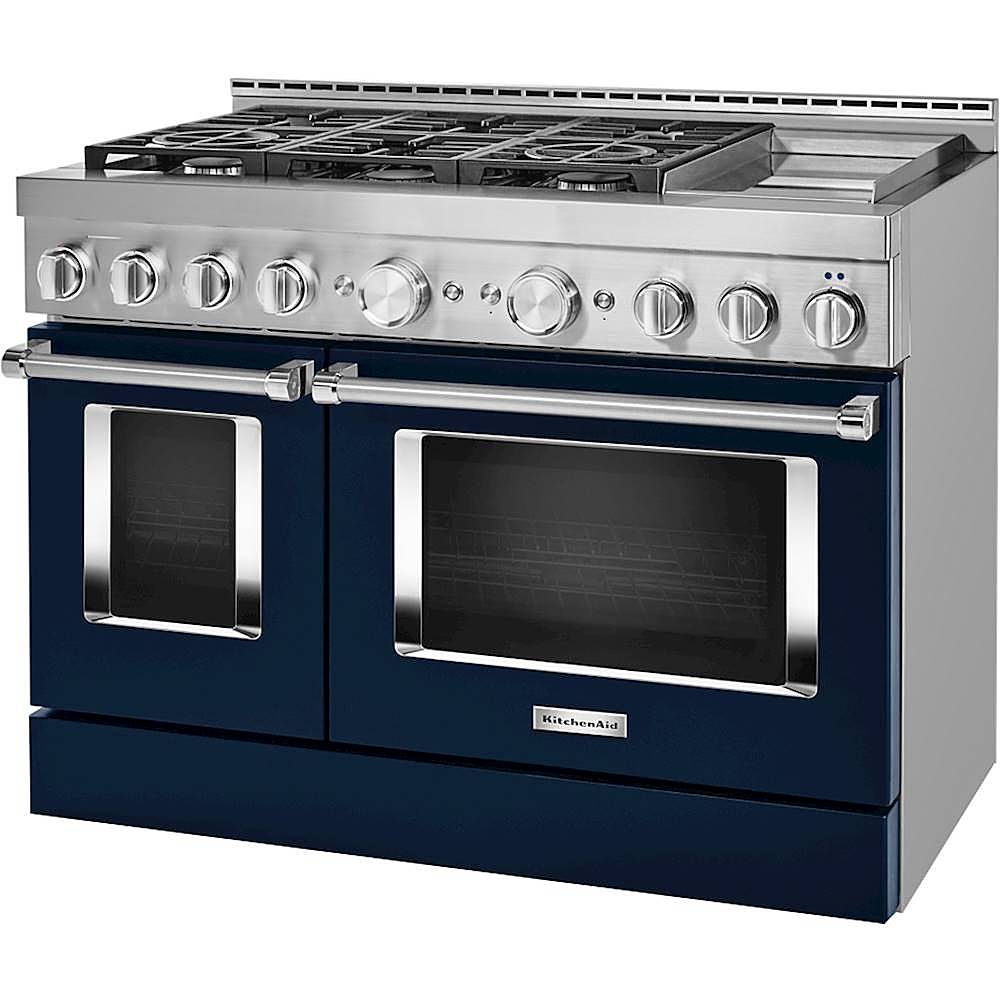 Left. KitchenAid - 6.3 Cu. Ft. Freestanding Double Oven Gas True Convection Range with Self-Cleaning and Griddle - Ink Blue.