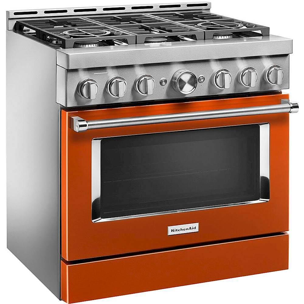 Angle. KitchenAid - Commercial-Style 5.1 Cu. Ft. Slide-In Gas True Convection Range with Self-Cleaning - Scorched Orange.