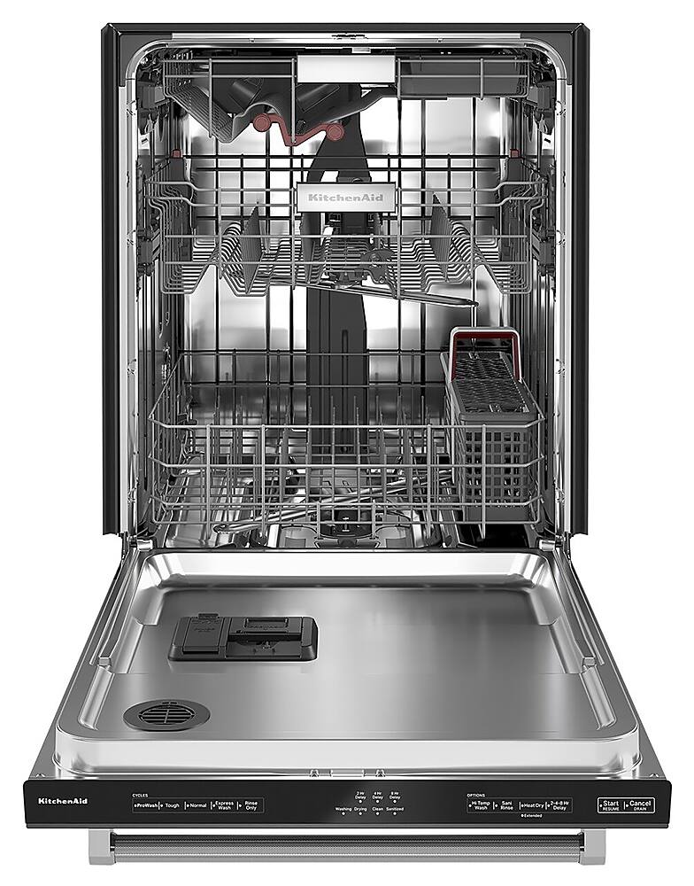 Angle. KitchenAid - Top Control Built-In Dishwasher with Stainless Steel Tub, FreeFlex 3rd Rack, 44dBA - Black stainless steel.