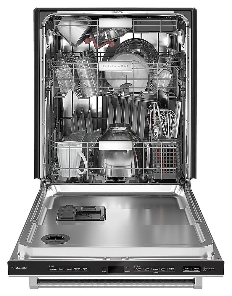 Left. KitchenAid - Top Control Built-In Dishwasher with Stainless Steel Tub, 3rd Rack, 44dBA - Stainless steel.
