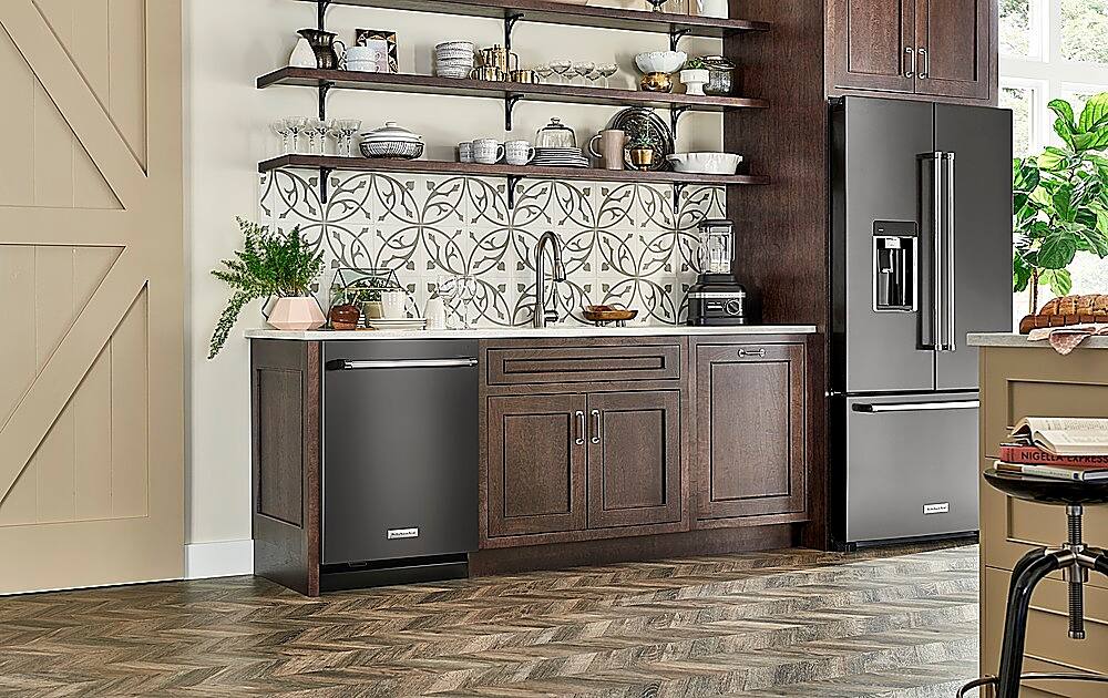 Angle. KitchenAid - Top Control Built-In Dishwasher with Stainless Steel Tub, FreeFlex Third Rack, 44dBA - Black Stainless With PrintShield Finish.