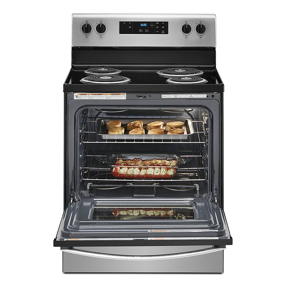 Left. Whirlpool - 4.8 Cu. Ft. Freestanding Electric Range with Keep Warm Setting - Stainless steel.