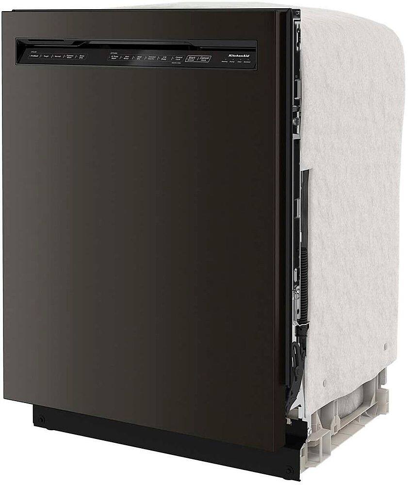 Angle. KitchenAid - 24" Front Control Built-In Dishwasher with Stainless Steel Tub, PrintShield Finish, 3rd Rack, 39 dBA - Black stainless steel.