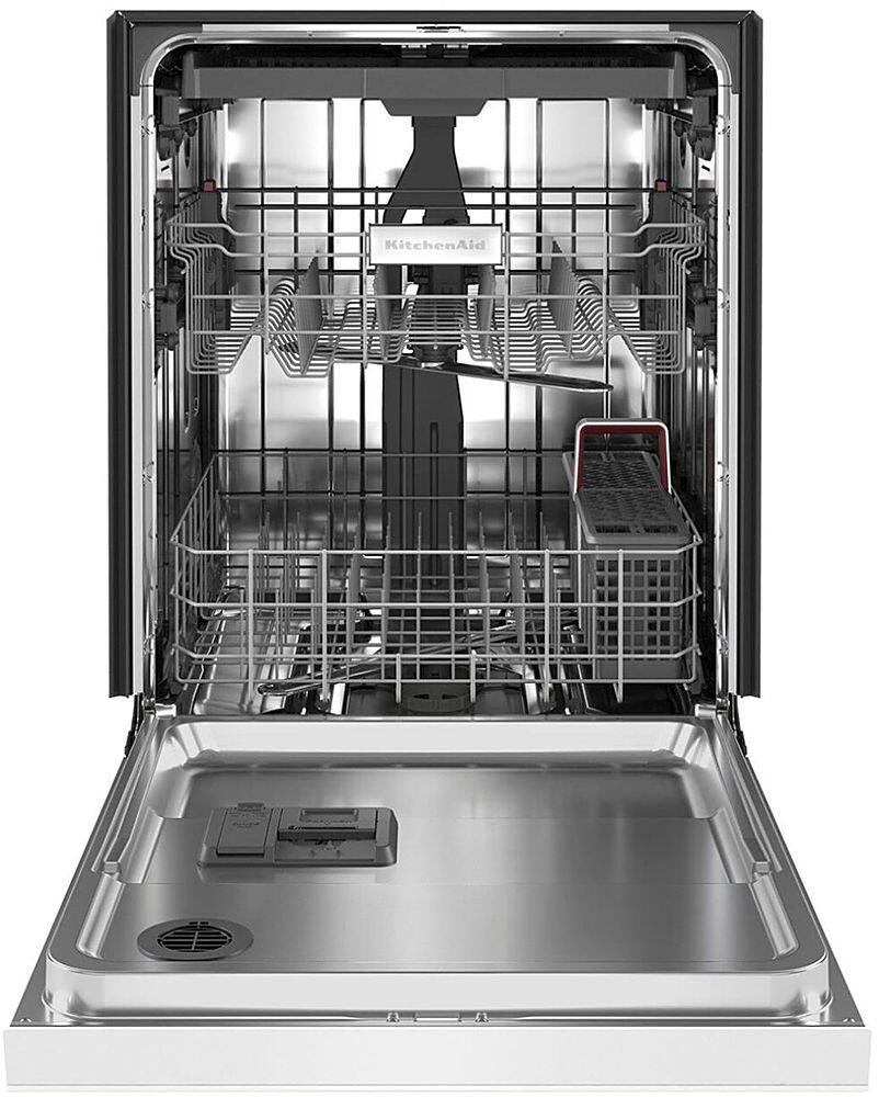 Left. KitchenAid - 24" Front Control Built-In Dishwasher with Stainless Steel Tub, ProWash Cycle, 3rd Rack, 39 dBA - White.