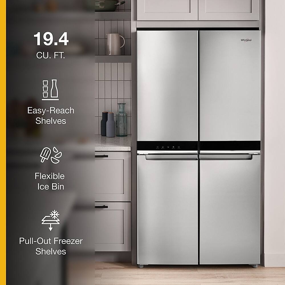 The text on the image is grouped and corrected as follows:

19.4 CU. FT. Whirlpool Easy-Reach Shelves Flexible Ice Bin Pull-Out Freezer Shelves