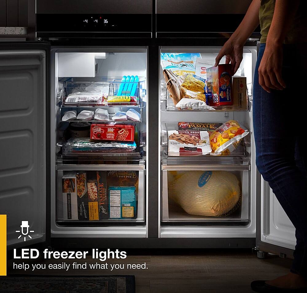 The text on the image reads: "4 4 36 e 13 PILN 1 90 TRS! 0OE 100 BELE - M CTAMALE a YN REUS MC CPIRE m WOTRERO I M VEGETABLE PIE aMALE VELDE COMPLETE TURKEN LED freezer lights help you easily find what you need."