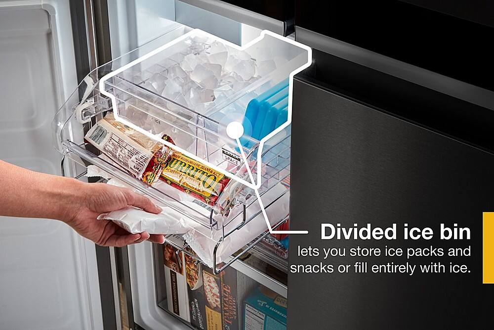 Divided ice bin lets you store ice packs and snacks or fill entirely with ice.