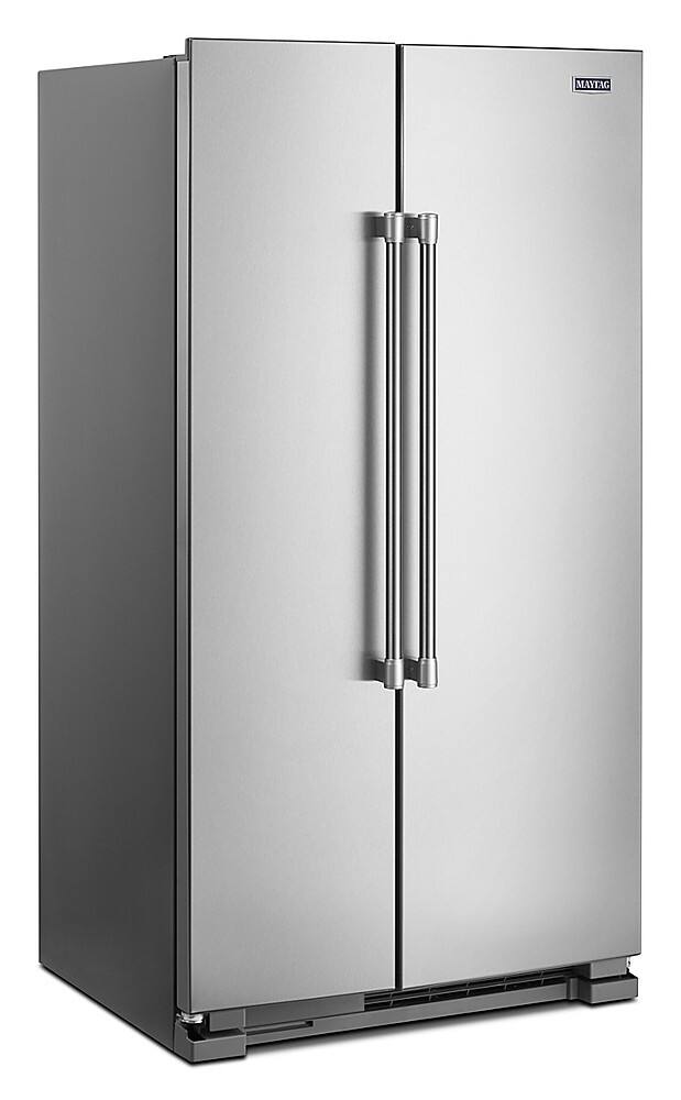 Angle. Maytag - 25 Cu. Ft. Side-by-Side Freestanding Refrigerator, Fingerprint Resistant - Stainless Steel.