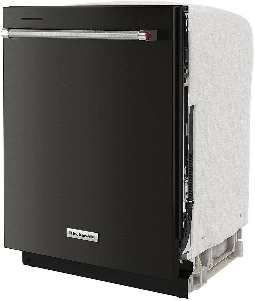 Angle. KitchenAid - 24" Front Control Built-In Dishwasher with Stainless Steel Tub, ProWash Cycle, 3rd Rack, 39 dBA - Black stainless steel.