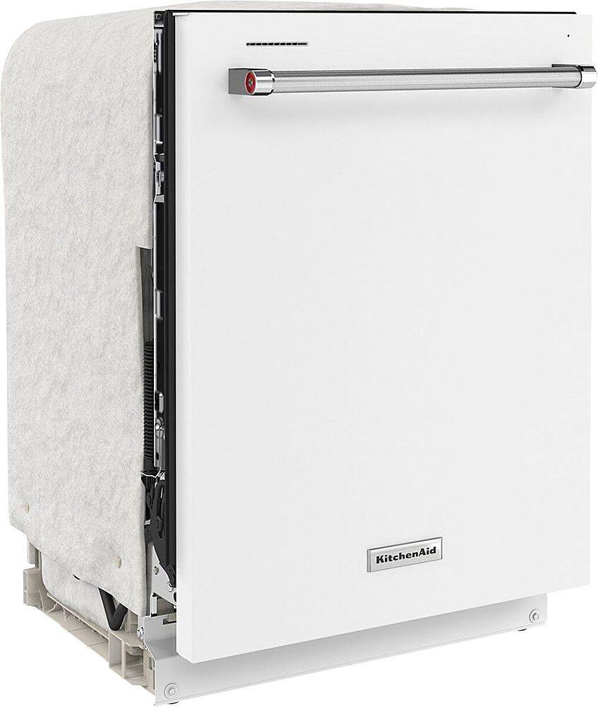 Angle. KitchenAid - 24" Top Control Built-In Dishwasher with Stainless Steel Tub, ProWash Cycle, 3rd Rack, 39 dBA - White.