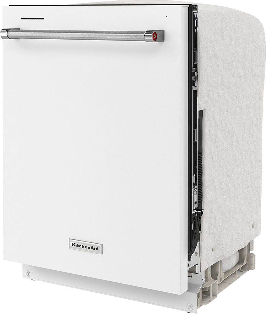 Left. KitchenAid - 24" Top Control Built-In Dishwasher with Stainless Steel Tub, ProWash Cycle, 3rd Rack, 39 dBA - White.