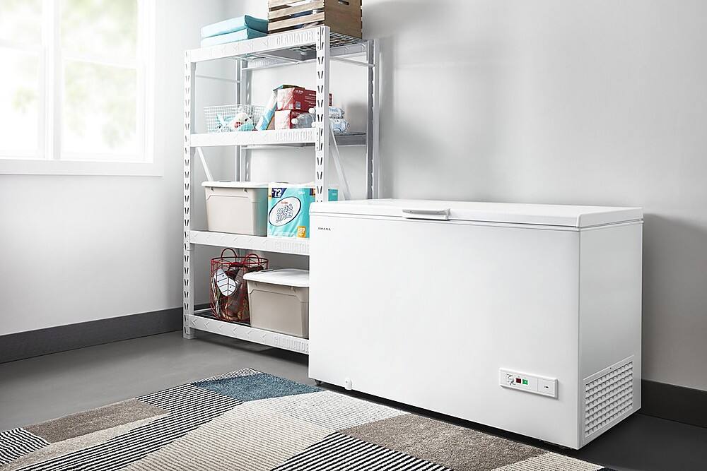The image shows a white refrigerator in a kitchen, with a blue rug on the floor in front of it. The refrigerator is placed next to a shelf, and there is a window nearby. The shelf is filled with various items, including several bottles and a cup. The overall scene suggests a well-organized and functional kitchen space.