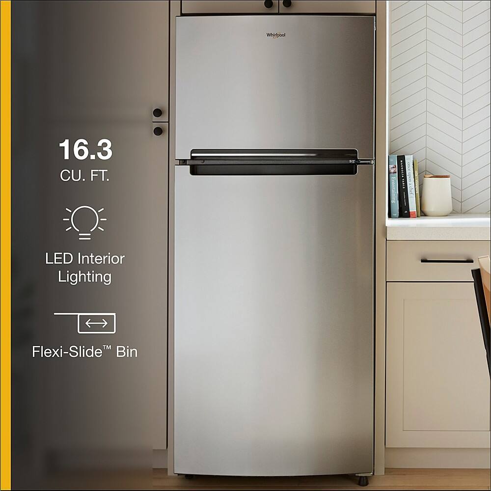 Whirlpool 16.3 CU. FT. Entertaining Refrigerator! 1 LED Interior Lighting Flexi-Slide Bin