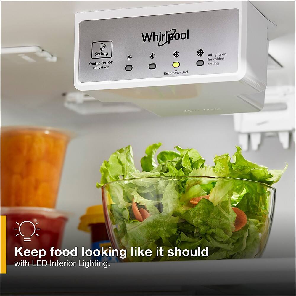The text on the image suggests that the Whirlpool appliance should be set to "Cooling On" and "Hold 4 S Whirlpool" for the coldest setting. It also recommends using LED interior lighting to keep food looking fresh and appealing.