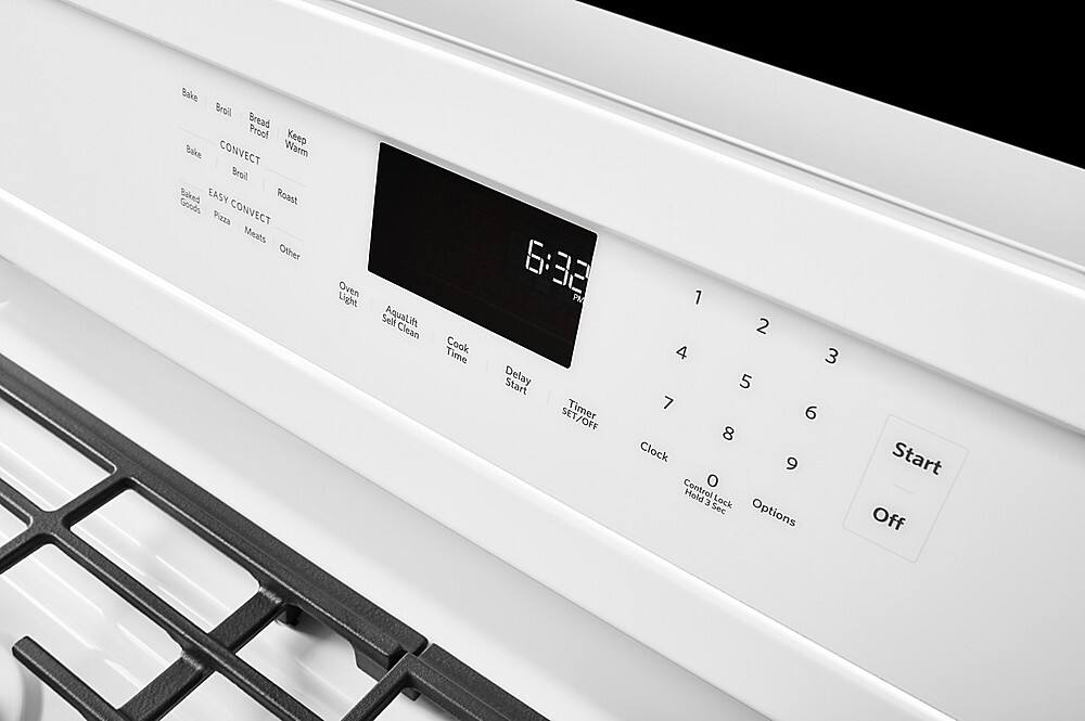 The image shows a white stove with a digital clock displaying the time as 6:32 PM. The clock is located on the front of the stove, making it easy for users to keep track of time while cooking. The stove also has various buttons and settings, such as "Bake," "Broil," "Bread Proof," "Keep Warm," "Convect," "Warm," "Roast," "Goods," "Convect," "Pizza," "Meats," "Other," "Oven Light," "Self Clean," "AquaLift," "Clean," "Cook Time," and "Delay Start." These options allow users to customize their cooking experience and ensure that their food is cooked to perfection.