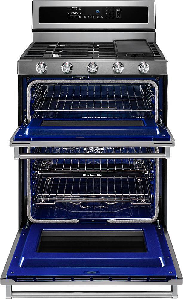 Angle. KitchenAid - 6.7 Cu. Ft. Self-Cleaning Freestanding Double Oven Dual Fuel Convection Range - Stainless steel.