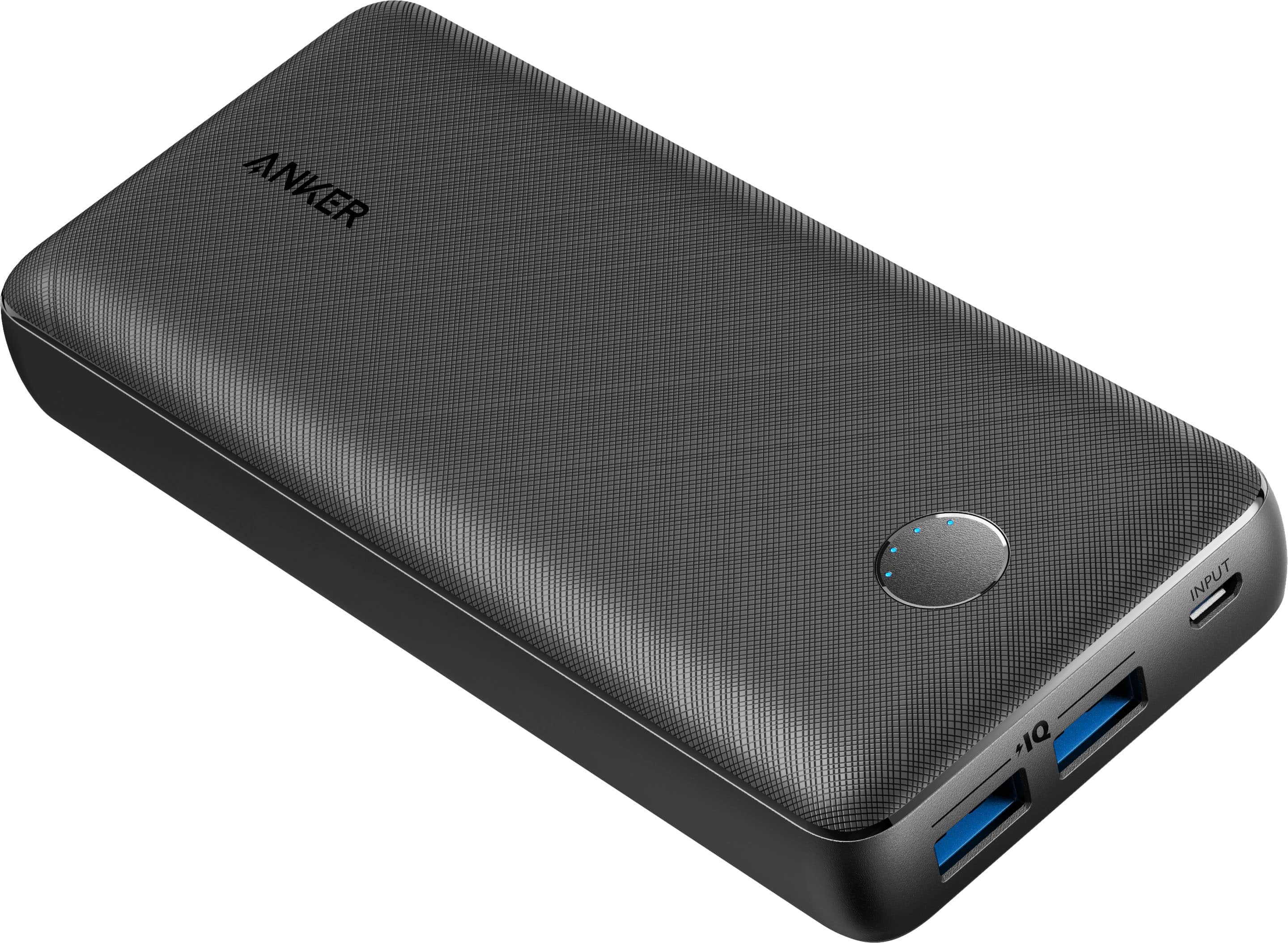 The image features a small, rectangular, gray device with a USB port on the side. The device is an Anker Power Bank, which is designed to charge electronic devices such as smartphones and tablets. The USB port allows users to connect their devices to the power bank and charge them when needed. The power bank is a convenient and portable solution for people who need to charge their devices on the go or in situations where access to a traditional power outlet is limited.