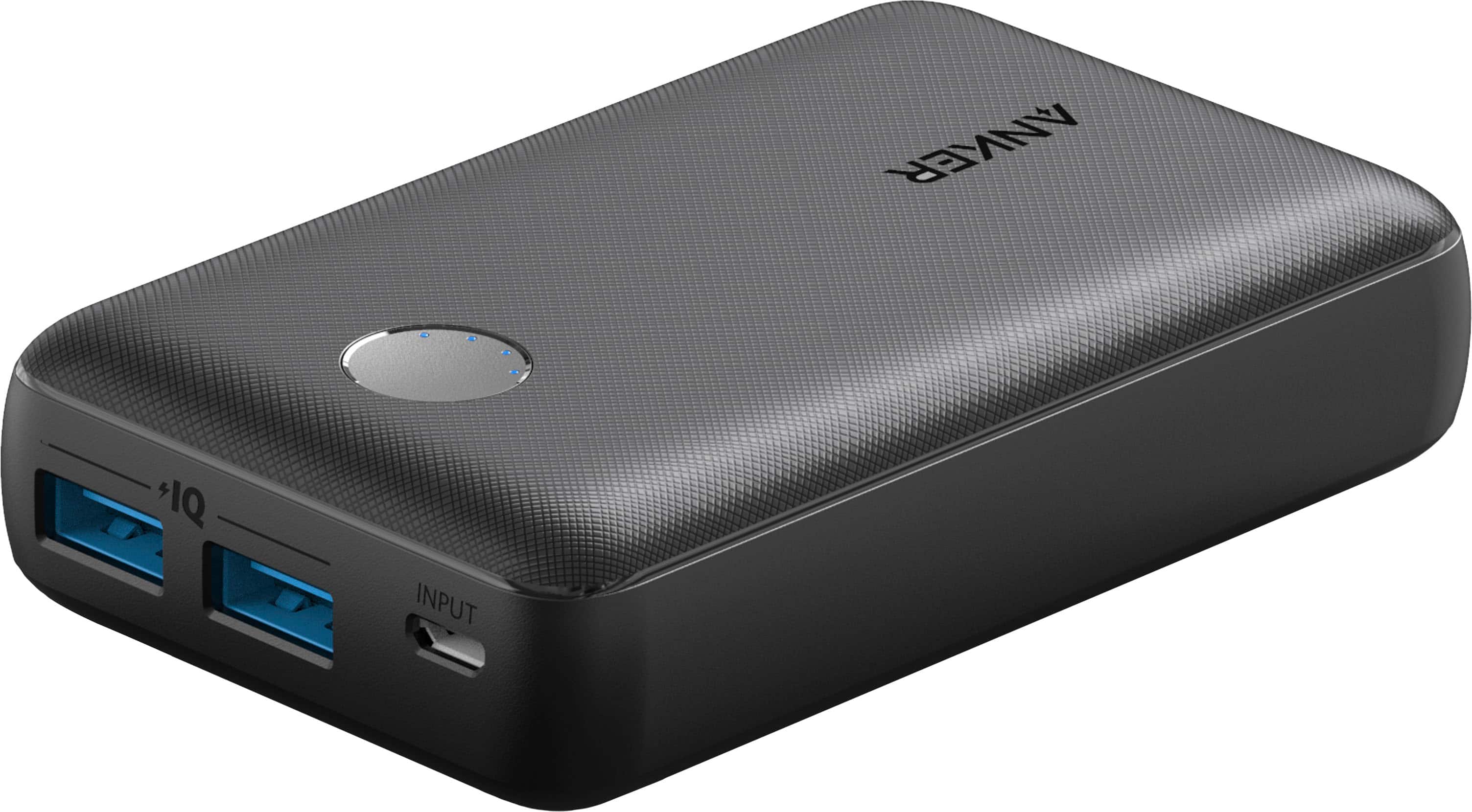 The image features a small black device with a USB port on the front. The device is likely a power bank or a portable charger, as it is designed to charge electronic devices. The USB port is used for connecting the device to other devices, such as smartphones or tablets, to provide power. The device is sitting on a white background, which highlights its compact size and sleek design.