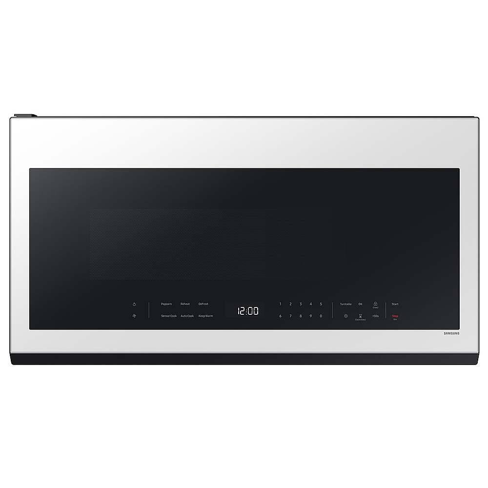 Front. Samsung - OPEN BOX Bespoke 2.1 Cu. Ft. Over-the-Range Microwave with Sensor Cooking and Wi-Fi Connectivity - White Glass.