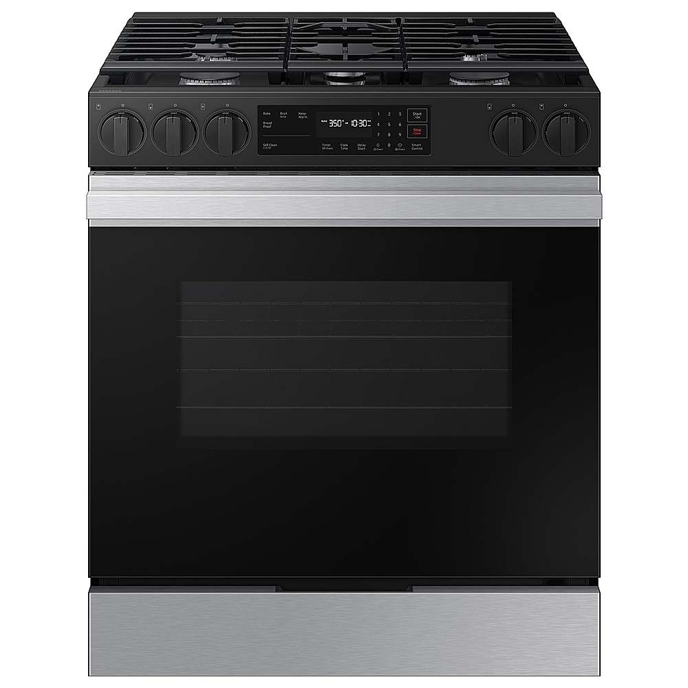 Front. Samsung - OPEN BOX Bespoke 6.0 Cu. Ft. Slide-In Gas Range with Precision Knobs - Stainless Steel.