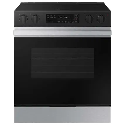 Front. Samsung - OPEN BOX Bespoke 6.3 Cu. Ft. Slide-In Electric Range with Precision Knobs - Stainless Steel.