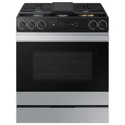 Front. Samsung - OPEN BOX Bespoke 6.0 Cu. Ft. Slide-In Gas Range with Smart Oven Camera - Stainless Steel.