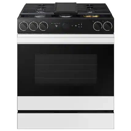 Front. Samsung - OPEN BOX Bespoke 6.0 Cu. Ft. Slide-In Gas Range with Smart Oven Camera - White Glass.