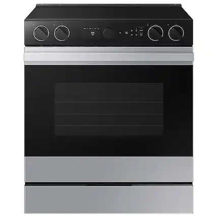 Front. Samsung - OPEN BOX Bespoke 6.3 Cu. Ft. Slide-In Electric Range with Smart Oven Camera - Stainless Steel.