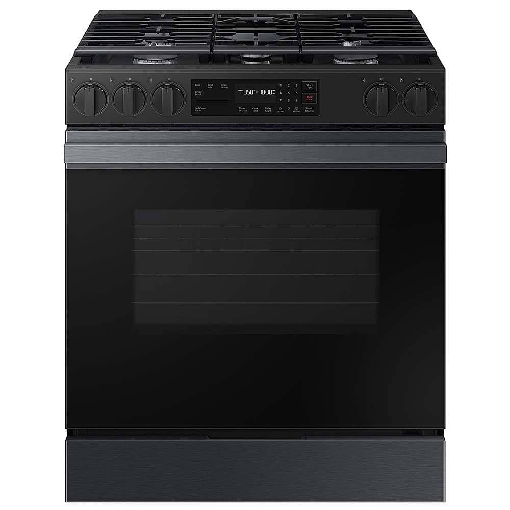 Front. Samsung - OPEN BOX Bespoke 6.0 Cu. Ft. Slide-In Gas Range with Precision Knobs - Matte Black Steel.