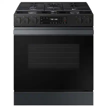 Front. Samsung - OPEN BOX Bespoke 6.0 Cu. Ft. Slide-In Gas Range with Precision Knobs - Matte Black Steel.