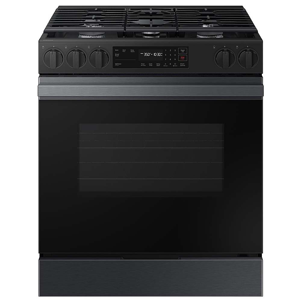 Front. Samsung - OPEN BOX Bespoke 6.0 Cu. Ft. Slide-In Gas Range with Precision Knobs - Matte Black Steel.