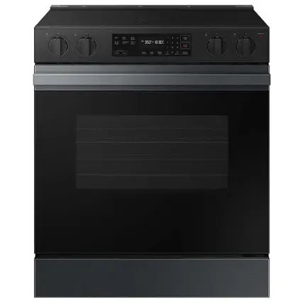 Front. Samsung - OPEN BOX Bespoke 6.3 Cu. Ft. Slide-In Electric Range with Precision Knobs - Matte Black Steel.