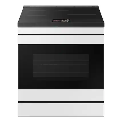 Front. Samsung - OPEN BOX Bespoke 6.3 Cu. Ft. Slide-In Electric Induction Range with AI Home Display - White Glass.