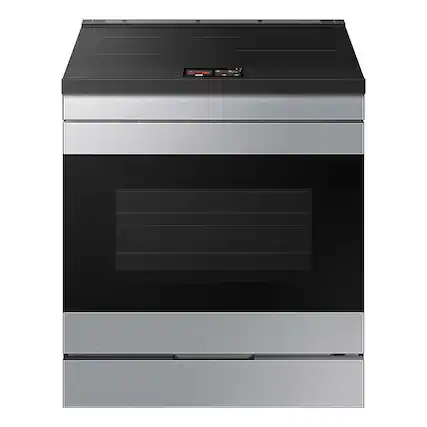 Front. Samsung - OPEN BOX Bespoke 6.3 Cu. Ft. Slide-In Electric Induction Range with AI Home Display - Stainless Steel.