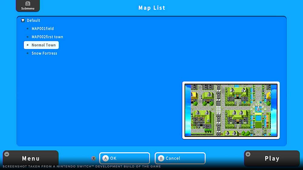 The text on the image is grouped and corrected as follows:
1. ZL Submenu Map List Default MAP001field MAP002first town Normal Town Snow Fortress Menu X A OK B Cancel SCREENSHOT TAKEN FROM A NINTENDO SWITCH DEVELOPMENT BUILD OF THE GAME + Play