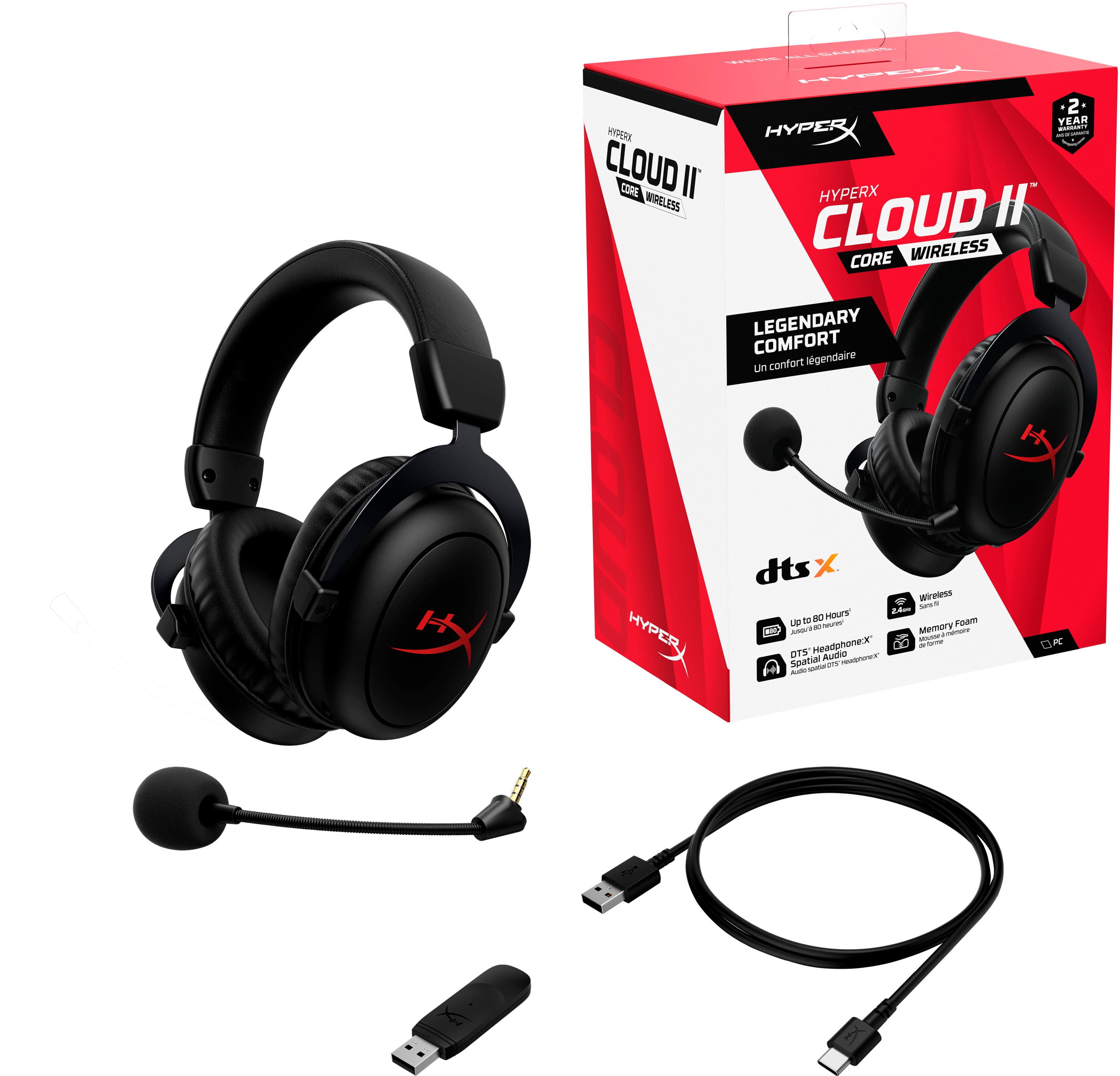 The text on the image reads: "UpER 2 YEAR HYPER - WrAS : : CLOUD CORE II WIRELESS HYPERX CLOUD I CORE WIRELESS LEGENDARY COMFORT confort legendaire un HYPER dts X Mn re - MourT ae de Foam LD SUT AnB Memory ng - - "anorigbean - n DTS Audio HSer Signial S2TE do R".