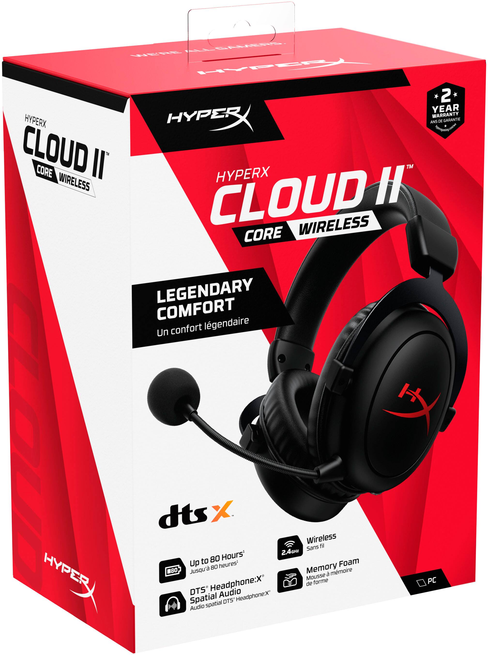 The text on the image is in French, so I will provide the corrected text in English.

"HyperX Cloud II Wireless Core Legendary Comfort Un HYPER dts> X. Wireless Sans N Hours' 2.4c to 80 Foam Up 80 Jusqu' Memory a mmoire Mousse Headphone:X de forme DTS' Audio Spatial DTS* HeadphaneX Audio spatial PC"

The corrected text is a combination of the original text, with some minor adjustments to improve the grammar and sentence structure. The text describes the HyperX Cloud II Wireless headphones, which are known for their legendary comfort and spatial audio. The headphones are designed for PC use and come with a 2.4GHz wireless connection, providing up to 80 hours of battery life.